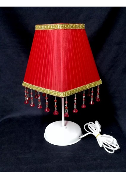 Kırmızı Boncuklu Kare Yatak Odası Şık Abajur, Modern ve Şık Tasarım.