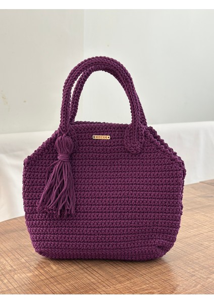 Kadın Makrome Mor Püsküllü Çıt Çıtlı Örgü El Çantası En 21 cm Boy 20 cm Derinlik 6 cm