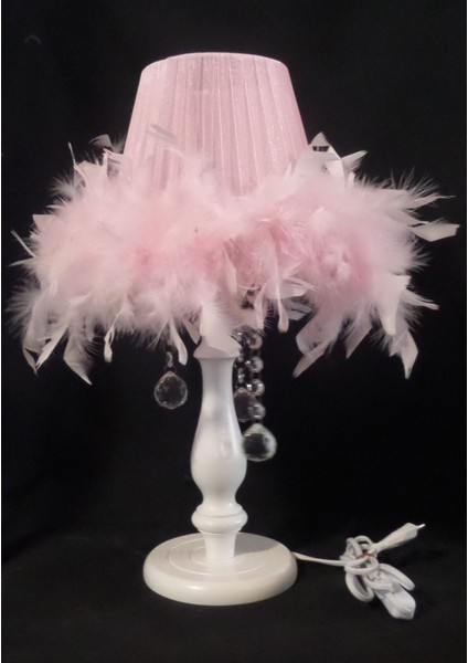 Pembe Tüylü Taşlı Ahşap Şık Abajur, Sıcak ve Şık Ortamlar Için Ideal Seçim