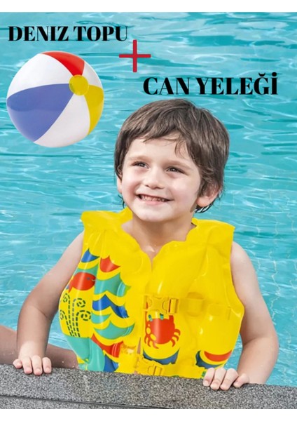 Çocuklar Için Şişme Yüzme Yeleği ve Plaj Topu, 51 Cm, Sarı
