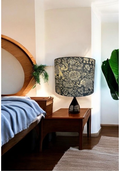 El Yapımı Gri Abajur Başlığı, Fil Detaylı, Silindir Tasarım, Yüksek Kaliteli Kumaş