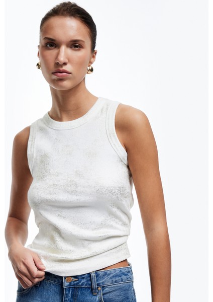 Yeni Sezon Pamuklu Kolsuz Slim Fit Metalik Baskılı Halter Yaka Atlet
