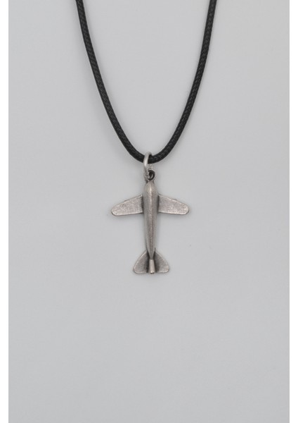Minimal Uçak Siyah Deri Ip Kolye - Antik Gümüş Kaplama - Kadın Erkek - 60 cm