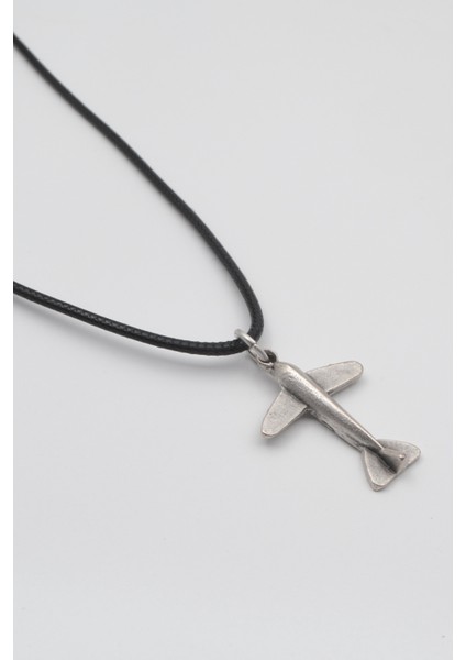Minimal Uçak Siyah Deri Ip Kolye - Antik Gümüş Kaplama - Kadın Erkek - 60 cm fiyatları