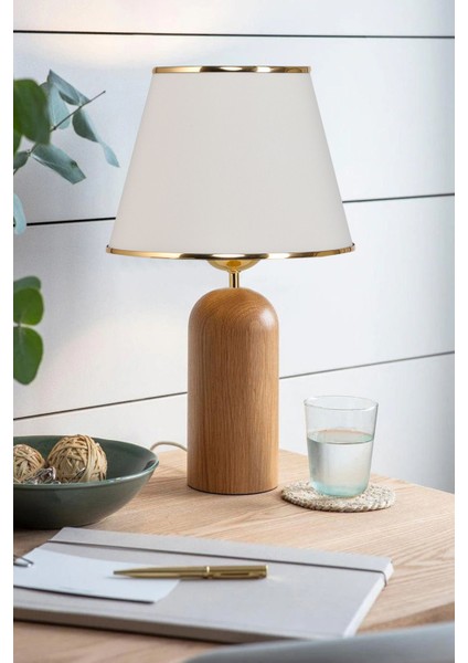 Şık Ahşap Ayaklı Gold Detaylı Krem Abajur, Evinize Zarif Dokunuş