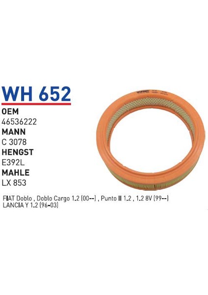 Wh652 Oem 46536222 Fiat punto II 1.2 99 doblo 1.2 Otomobil hava filtre air filter