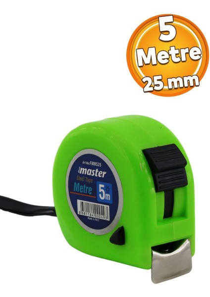 Yeşil Renk Metal Bükülebilir Ölçüm Şeridi 5 M x 25 Mm, Plastik Kasalı, Klipsli