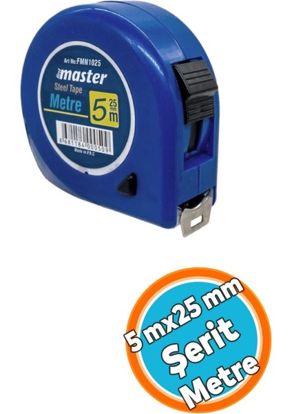 Bükülebilir Metal Şerit Ölçüm 5m x 25MM, Soft Mavi, Düğmeli, Plastik Kasalı