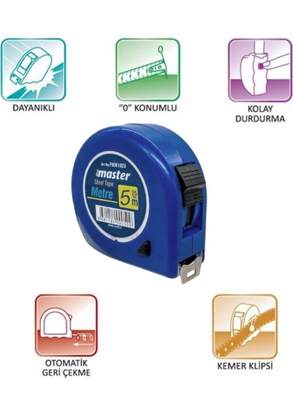 Bükülebilir Metal Şerit Ölçüm 5m x 25MM, Soft Mavi, Düğmeli, Plastik Kasalı indirimleri