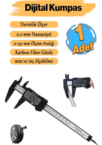 Dijital Plastik Kumpas 150MM LCD Ekran, Hassas Ölçüm, Lastik Derinlik, Çap, Inç ve mm