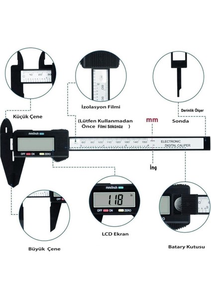 Dijital Plastik Kumpas 150MM LCD Ekran, Hassas Ölçüm, Lastik Derinlik, Çap, Inç ve mm fiyatları
