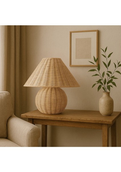 Büyük Rattan Abajur, Beyaz, Modern ve Şık Tasarım