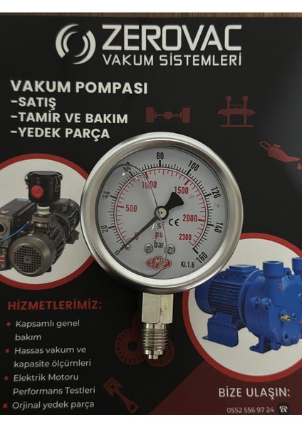 Ø52 mm Alttan Bağlantılı, Gliserinli, 0-160 Bar Basınç Ölçüm Manometresi