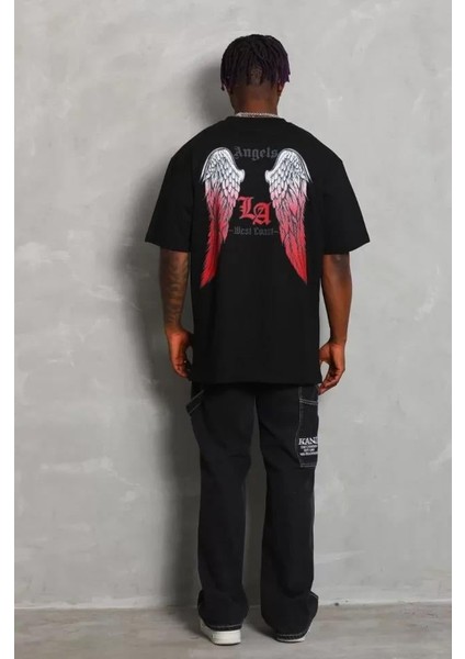 Unisex Oversize Baskılı Bisiklet Yaka T-Shirt - Siyah fırsatları