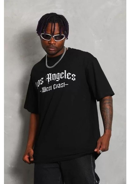 Unisex Oversize Baskılı Bisiklet Yaka T-Shirt - Siyah indirimleri