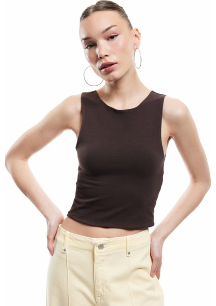 Yeni Sezon Bisiklet Yaka Kolsuz Dar Kesim Pamuklu Basic Crop Atlet