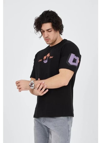 Erkek Ön ve Arka Baskılı T-Shirt - Siyah indirimleri