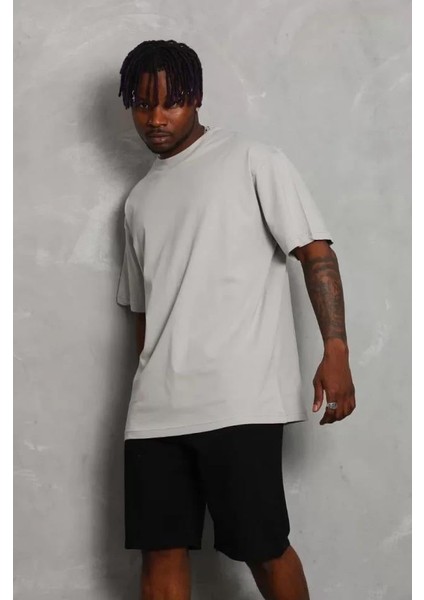 Unisex Oversize Düz Bisiklet Yaka T-Shirt - Gri indirimleri