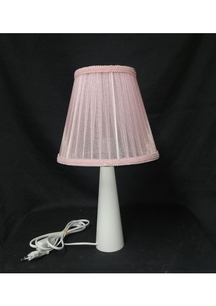 Pembe Ahşap Ayaklı Keten Başlıklı Yatak Odası Abajur