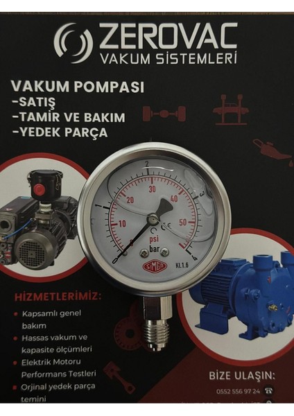 0-4 Bar Çap Ø52 mm Alttan Bağlantılı Gliserinli Manometre