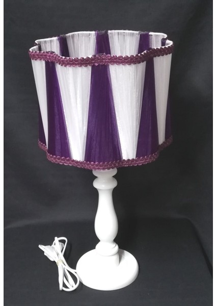 Mor Beyaz Ahşap Ayaklı Şık Abajur, Ev Dekorunu Tamamlar