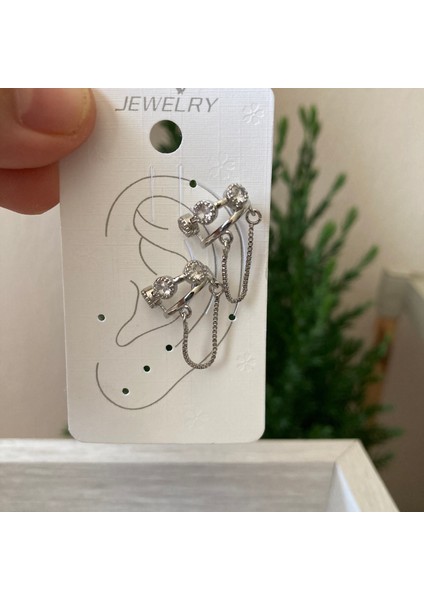 Ear Cuff Zincirli Gümüş