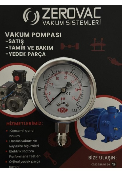 Çap Ø52 Mm, Alttan Bağlantılı, Gliserinli Manometre, 0-2,5 Bar, Hassas Ölçüm Sağlar