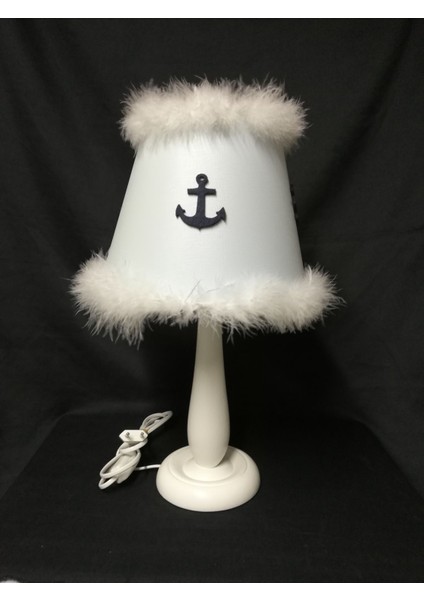 Açık Mavi Pvc Çapa Genç Odası Tüylü Ahşap Ayaklı Abajur