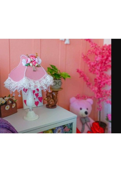 Kadife Kaplı Çiçek Detaylı Abajur Sendi Kumaş Pudra Renk fiyatları