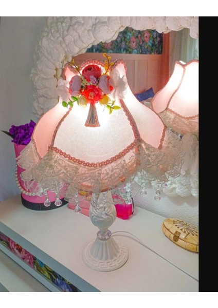 Kadife Kaplı Çiçek Detaylı Abajur Sendi Kumaş Pudra Renk modelleri