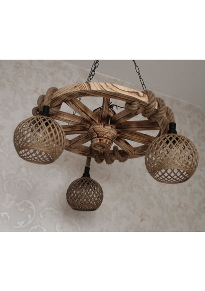 Ahşap Teker Avize 60 Cm. 3 Duylu Hasır Şapkalı