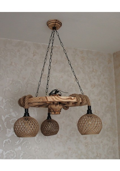 Ahşap Teker Avize 60 Cm. 3 Duylu Hasır Şapkalı fiyatları