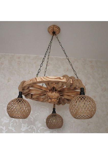 Ahşap Teker Avize 60 Cm. 3 Duylu Hasır Şapkalı modelleri