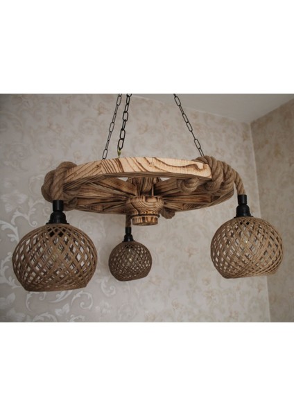 Ahşap Teker Avize 60 Cm. 3 Duylu Hasır Şapkalı fırsatları