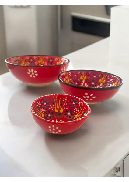 Dekoratif 3 Adet Kırmızı Lale Çini Tasarımlı Tamamen El Yapımı Çerezlik-Sosluk-Kahvaltılık