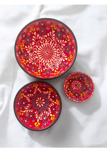 Dekoratif 3 Adet Kırmızı Lale Çini Tasarımlı Tamamen El Yapımı Çerezlik-Sosluk-Kahvaltılık modelleri
