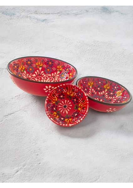 Dekoratif 3 Adet Kırmızı Lale Çini Tasarımlı Tamamen El Yapımı Çerezlik-Sosluk-Kahvaltılık fırsatları