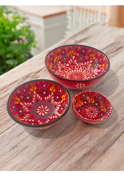 Dekoratif 3 Adet Kırmızı Lale Çini Tasarımlı Tamamen El Yapımı Çerezlik-Sosluk-Kahvaltılık indirimleri