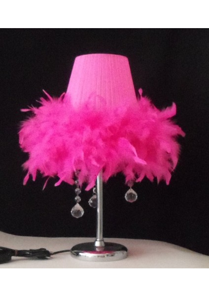 Pembe Tüylü Taşlı Yatak Odası Abajuru, Şık ve Zarif Aydınlatma Seçeneği