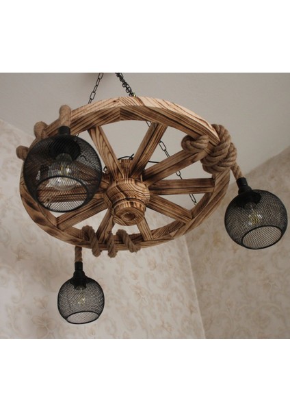 Ahşap Teker Halat Avize 60 Cm. 3 Duylu Metal Başlıklı fiyatları