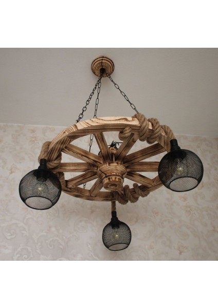 Ahşap Teker Halat Avize 60 Cm. 3 Duylu Metal Başlıklı modelleri