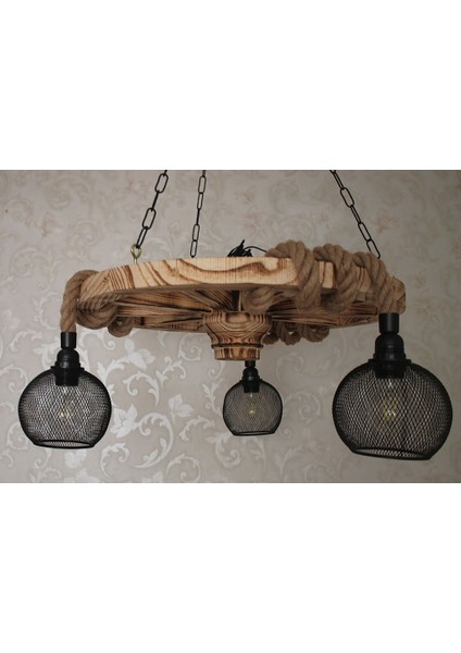 Ahşap Teker Halat Avize 60 Cm. 3 Duylu Metal Başlıklı fırsatları