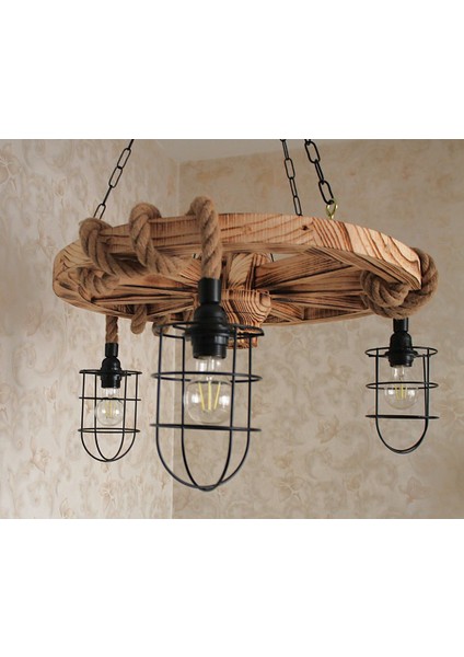Ahşap Teker Halat Avize 60 Cm. 3 Duylu Metal Başlıklı fiyatları