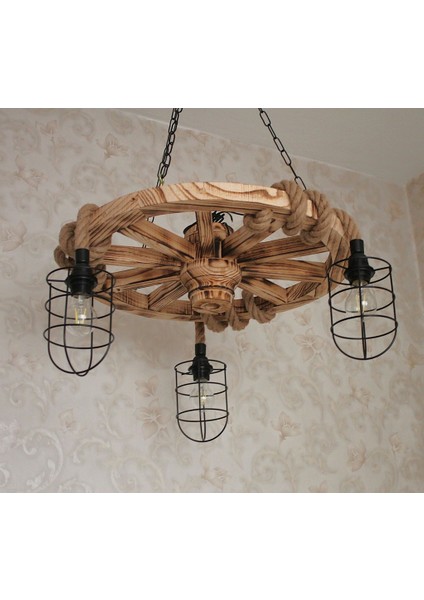 Ahşap Teker Halat Avize 60 Cm. 3 Duylu Metal Başlıklı modelleri