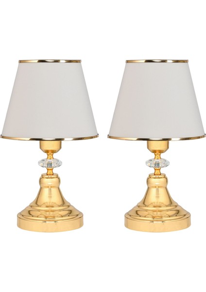 2'li Kumaş Başlıklı Kristal Ayaklı Abajur, Şık ve Zarif Krem Renkli Aydınlatma Seti