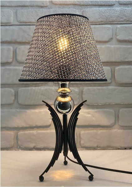 Modern Siyah Metal Melek Tasarımlı Konik Kumaş Şapkalı Masa Lambası