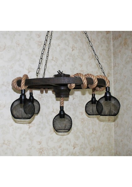 Ahşap Teker Avize 70 Cm. 5 Duylu Metal Kafesli fiyatları