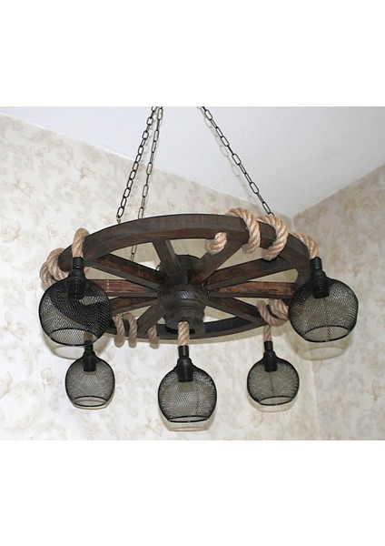 Ahşap Teker Avize 70 Cm. 5 Duylu Metal Kafesli modelleri