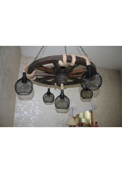 Ahşap Teker Avize 70 Cm. 5 Duylu Metal Kafesli fırsatları