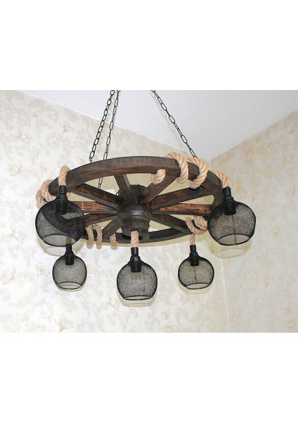 Ahşap Teker Avize 70 Cm. 5 Duylu Metal Kafesli indirimleri